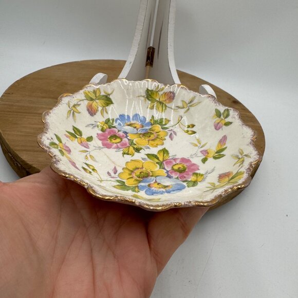James Kent LTD Longton Made In England, #3091 Floral Trinket Dish 5" Gold Rim - Picture 3 of 9